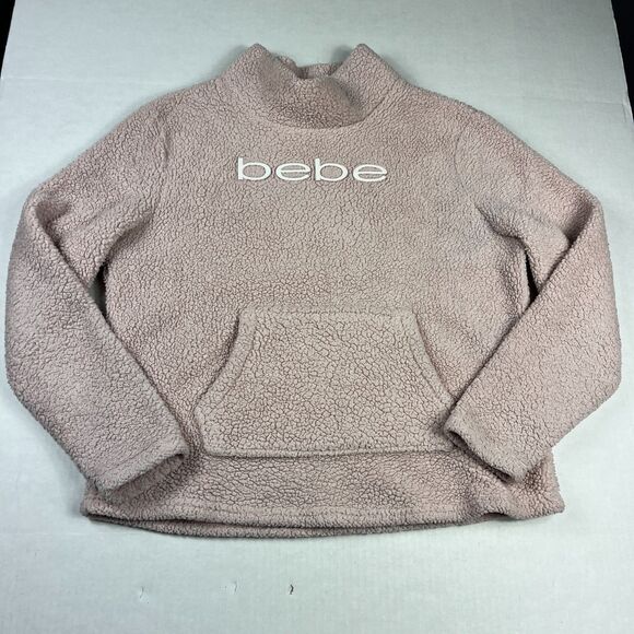 Bebe Logo Sherpa Sweater Pink Cozy Soft Casual Logo Plush Y2K Pullover MEDIUM - Picture 1 of 10